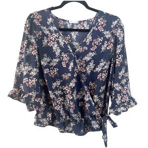 Sienna Sky Floral Wrap Blouse Medium Blue Ruffle Sleeve Tie Waist Peplum Top M